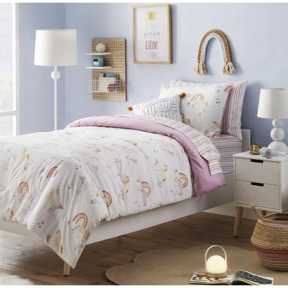 Twin Unicorn Kids' Comforter Set Rainbow Pattern - by Pillowfort 88in x 66in
